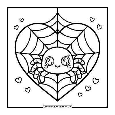 Kawaii Spider with Big Eyes on a Heart Web Coloring Page coloring page preview