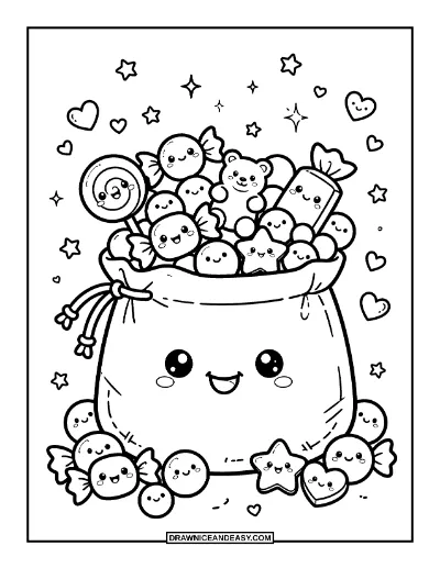 Kawaii Trick-or-Treat Bag with Cute Faces Coloring Page coloring page preview