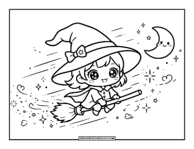 Kawaii Witch Chibi Riding a Broomstick Coloring Page coloring page preview