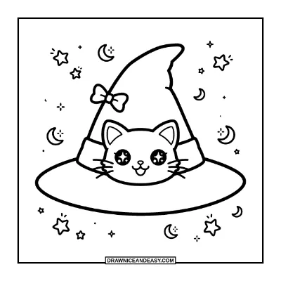 Kawaii Witch Hat with a Cat Face Coloring Page coloring page preview