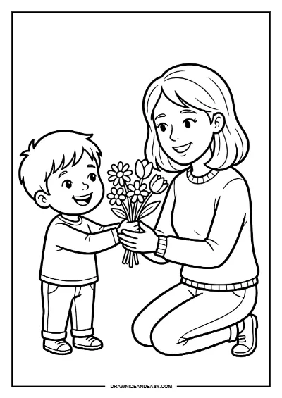 Kid Giving Flowers to Mom Mother's Day Coloring Page – Free PDF coloring page preview