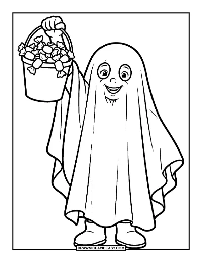Kid in a Ghost Costume Trick-or-Treating coloring page preview