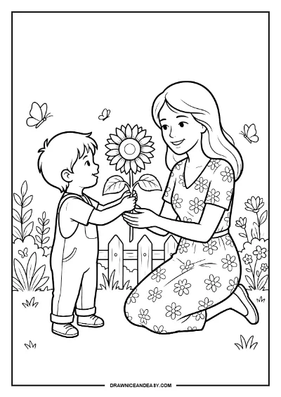 Kids Giving Flower to Mom Mother's Day Coloring Page – Free PDF coloring page preview