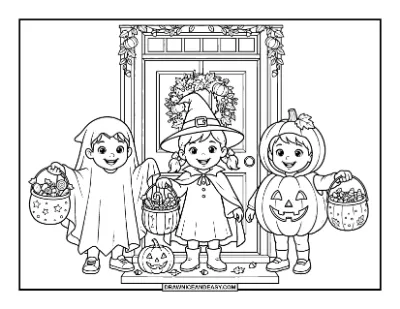 Kids in Costumes Trick-or-Treating at a Door coloring page preview