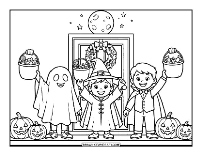 Kids in Costumes Trick-or-Treating at a Front Door Coloring Page coloring page preview