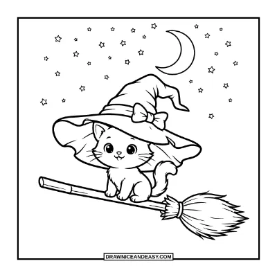 Kitten with Witch Hat and Broom Coloring Page coloring page preview
