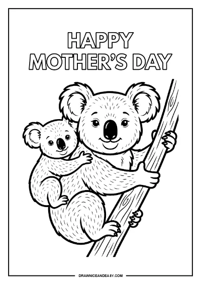 Koala Mother Baby Happy Mother's Day Coloring Page – Free PDF coloring page preview