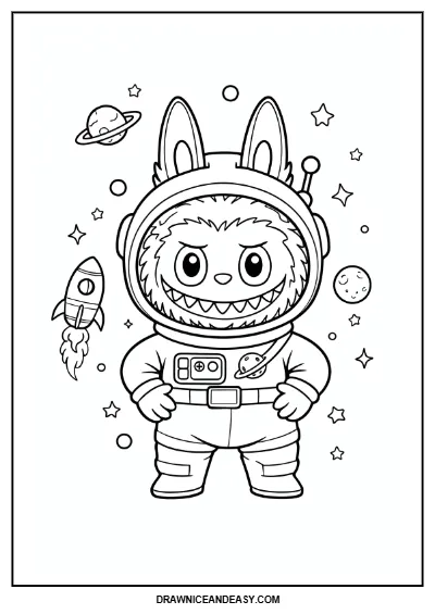Labubu Astronaut Space Coloring Page – Free PDF coloring page preview