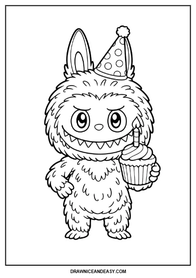 Labubu Birthday Party Cupcake Coloring Page – Free PDF coloring page preview