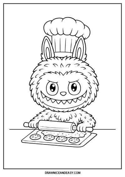 Labubu Chef Baking Cookies Coloring Page – Free PDF coloring page preview