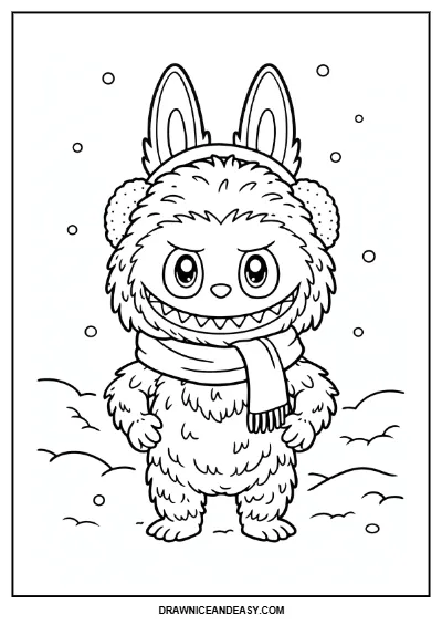 Labubu Christmas Winter Scarf Coloring Page – Free PDF coloring page preview