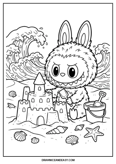 Labubu Beach Vacation Scene Coloring Page – Free PDF coloring page preview