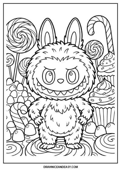 Labubu Candy Land Sweets Coloring Page – Free PDF coloring page preview
