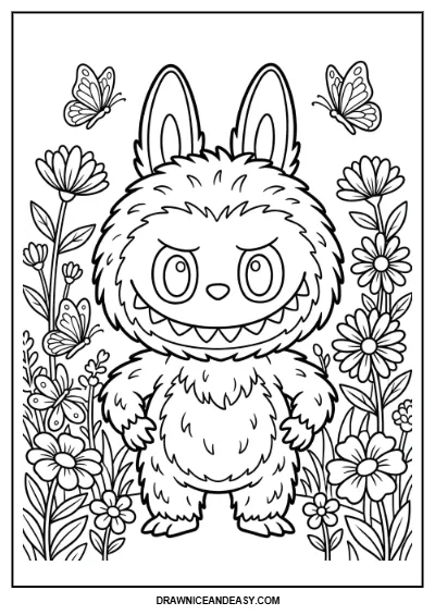 Labubu Flower Garden Scene Coloring Page – Free PDF coloring page preview