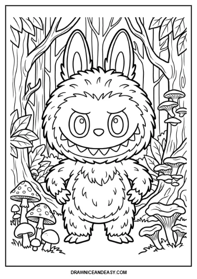 Labubu Forest Adventure Nature Coloring Page – Free PDF coloring page preview