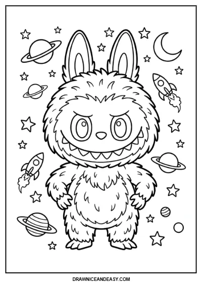 Labubu Space Adventure Astronaut Coloring Page – Free PDF coloring page preview