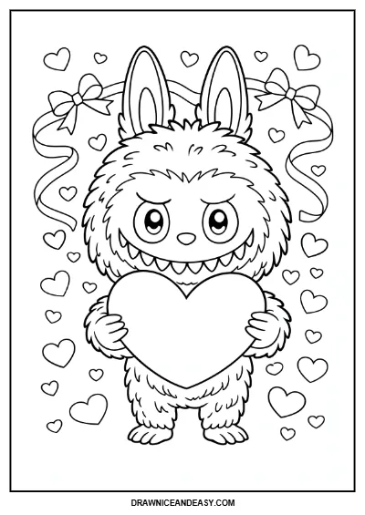 Labubu Valentines Day Heart Coloring Page – Free PDF coloring page preview
