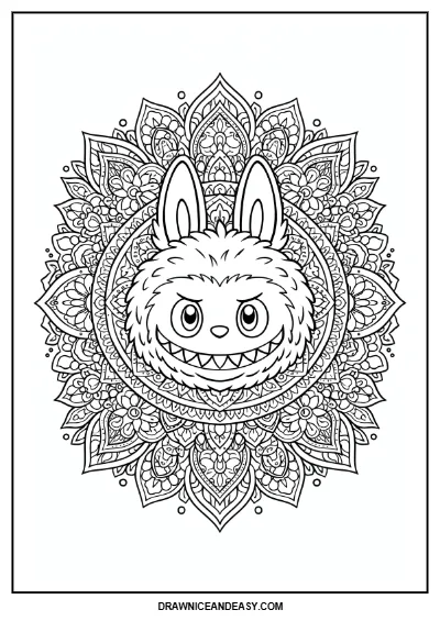 Labubu Mandala Floral Pattern Coloring Page – Free PDF coloring page preview