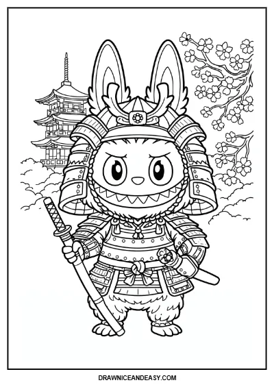 Labubu Samurai Warrior Edition Coloring Page – Free PDF coloring page preview