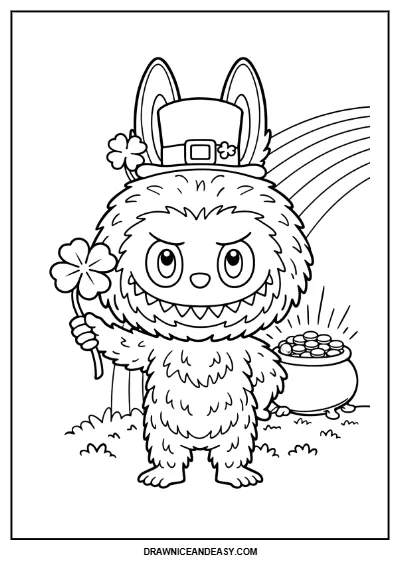 Labubu St. Patricks Day Clover Coloring Page – Free PDF coloring page preview