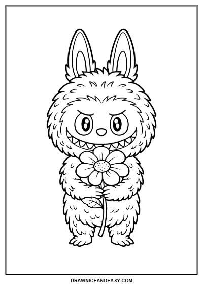 Labubu Flower Holding Coloring Page – Free PDF coloring page preview