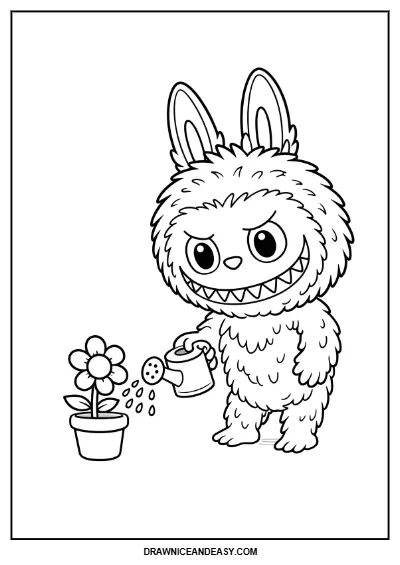 Labubu Gardening Flower Coloring Page – Free PDF coloring page preview