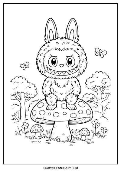 Labubu Mushroom Forest Coloring Page – Free PDF coloring page preview