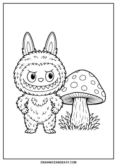 Labubu Sitting on Giant Mushroom Forest Coloring Page – Free PDF coloring page preview