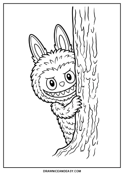 Labubu Peek Behind Tree Coloring Page – Free PDF coloring page preview