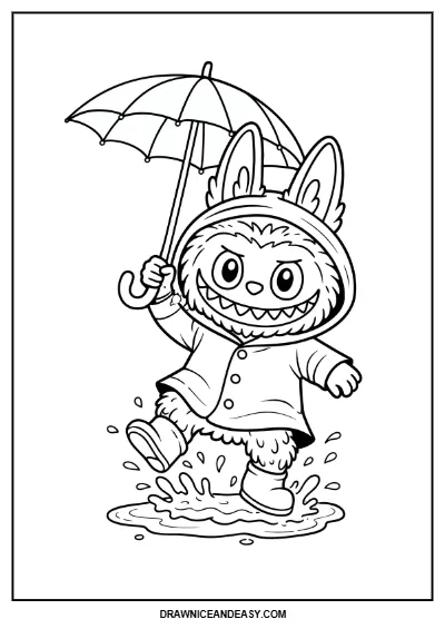 Labubu Raincoat & Umbrella Coloring Page – Free PDF coloring page preview