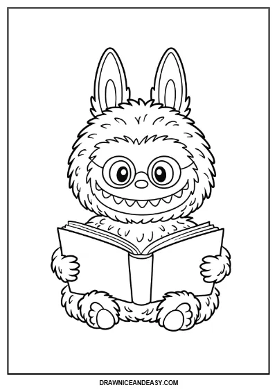 Labubu Reading Book – Have a Sit Coloring Page – Free PDF coloring page preview