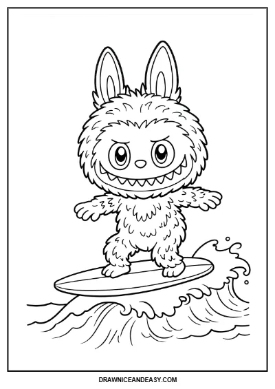 Labubu Surfing Ocean Wave Coloring Page – Free PDF coloring page preview