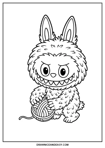 Labubu Yarn Ball Playing Coloring Page – Free PDF coloring page preview