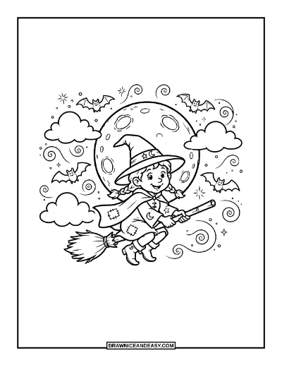 Little Witch Flying on Broomstick Coloring Page coloring page preview