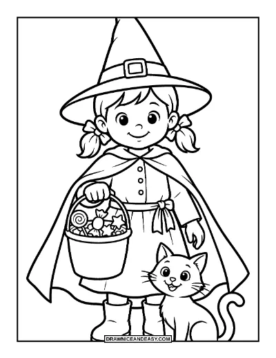 Little Witch in Costume with Candy coloring page preview