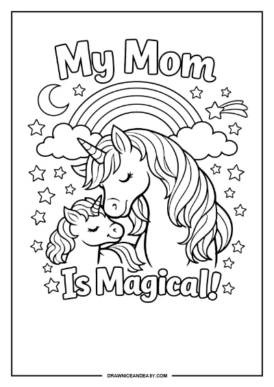 Magical Unicorn Mom Mother's Day Coloring Page – Free PDF coloring page preview