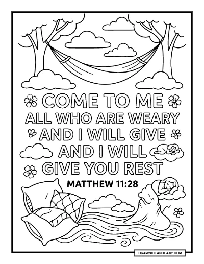 Matthew 11:28 Come to Me All Who Labor Bible Verse Coloring Page – Free PDF coloring page preview