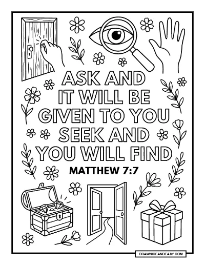 Matthew 7:7 Ask Seek Knock Bible Verse Coloring Page – Free PDF coloring page preview