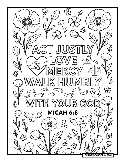 Micah 6:8 Do Justice Love Mercy Walk Humbly Bible Verse Coloring Page – Free PDF coloring page preview
