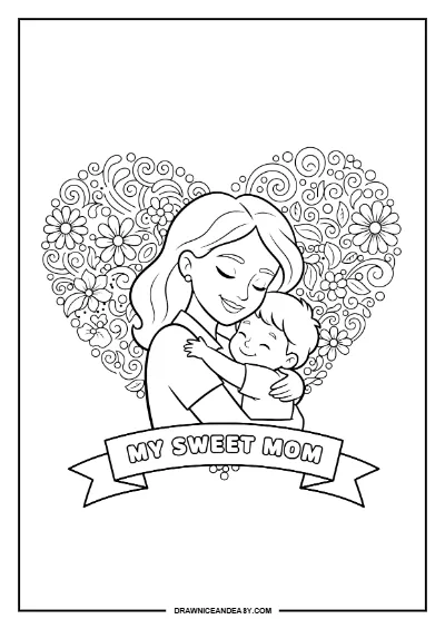 Mom and Baby Heart Love Mother's Day Coloring Page – Free PDF coloring page preview