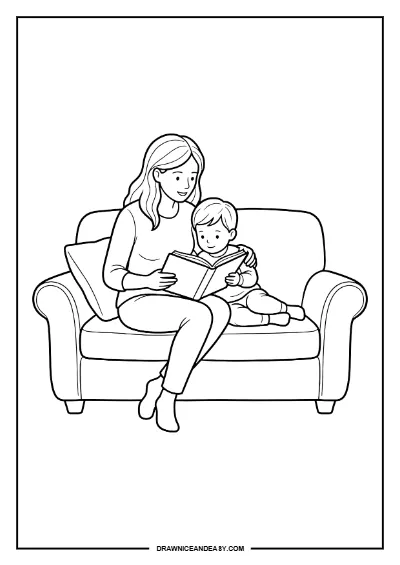 Mom and Baby on Sofa Mother's Day Coloring Page – Free PDF coloring page preview