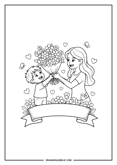 Mom and Child Banner Mother's Day Coloring Page – Free PDF coloring page preview