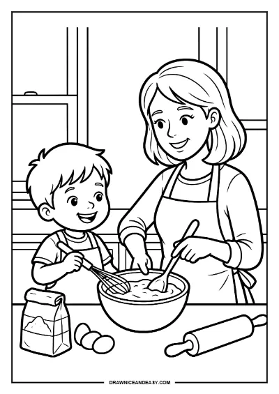 Mom Cooking with Kids Kitchen Mother's Day Coloring Page – Free PDF coloring page preview