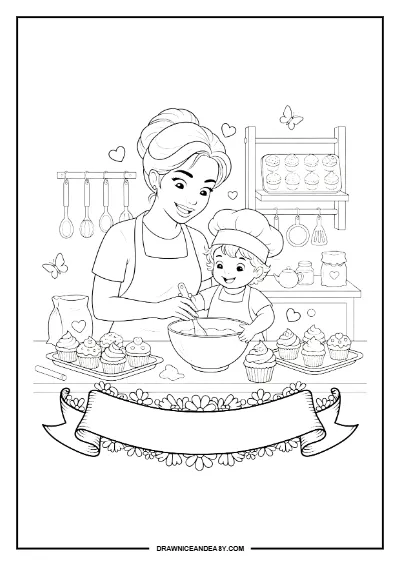 Mom Cooking with Kids Mother's Day Coloring Page – Free PDF coloring page preview