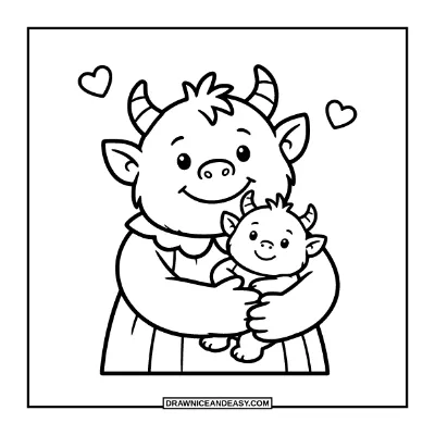 Monster Mom Hugging Her Baby coloring page preview