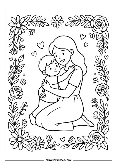 Mother and Child Hug Love Mother's Day Coloring Page – Free PDF coloring page preview