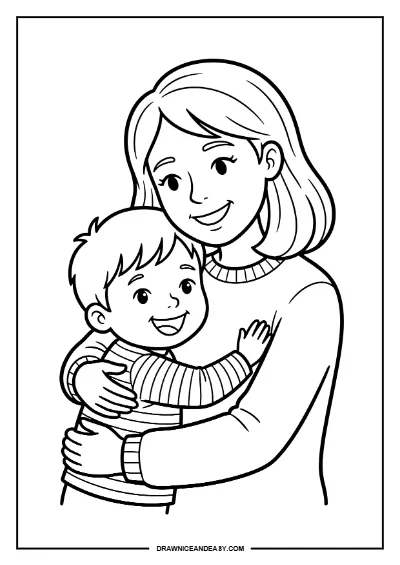Mother Hugging Child Love Mother's Day Coloring Page – Free PDF coloring page preview