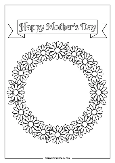 Mother's Day Flower Wreath Card Coloring Page – Free PDF coloring page preview