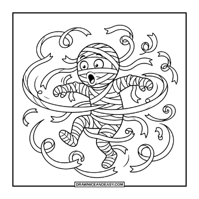 Mummy Unwrapping with Flying Bandages coloring page preview