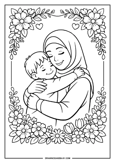 Muslim Hijab Mom Mother's Day Coloring Page – Free PDF coloring page preview
